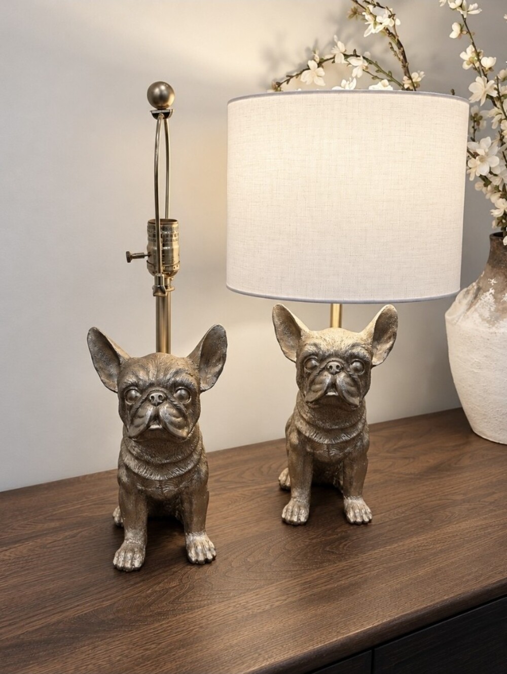 Set of 2 Gold Sculptural French Bulldog Lamps